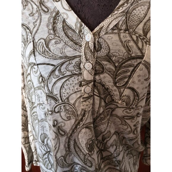 Chicos Womens Paisley Pattern Blouse Size 2 US M/L Beige & Olive Linen - Picture 2 of 7